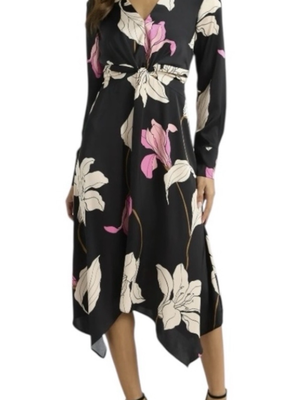 Sophia  Vergara Floral Print Black Midi Dress with Pink & Cream Blooms